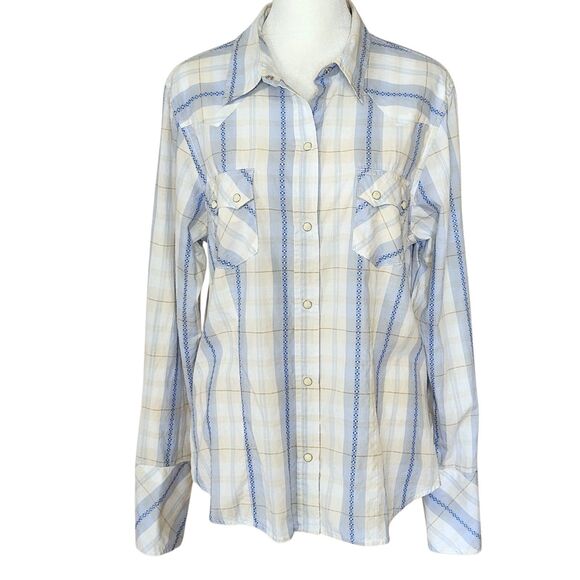 Roper Tops - Roper Western Shirt Women's Large Pearl Snaps Long Sleeve Blue White Plaid